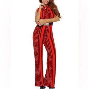 Sleeveless Red & Black Geometric Print Jumpsuit